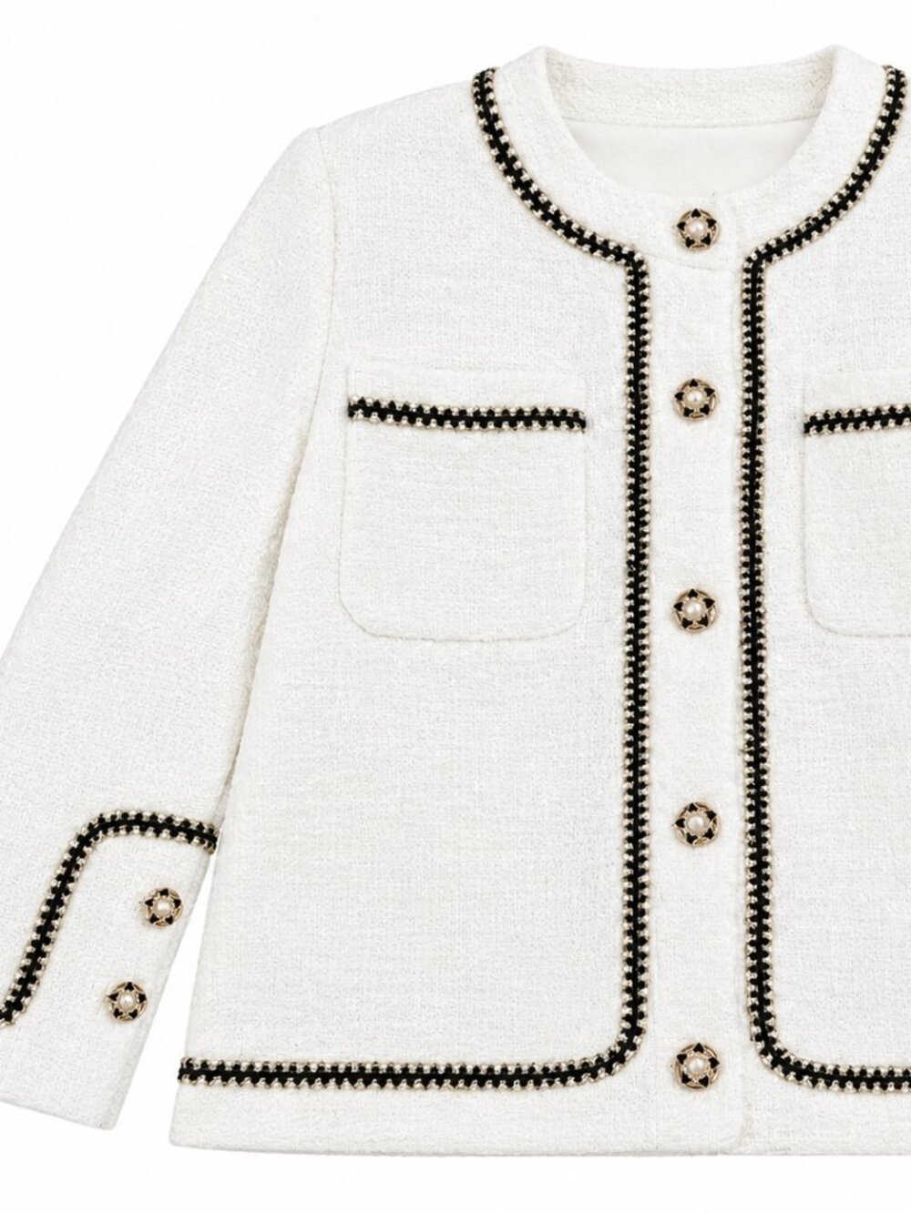 Women's Sweaters | Ivory Boucle Jacket Gold Trim | Size XS | Open To Offer